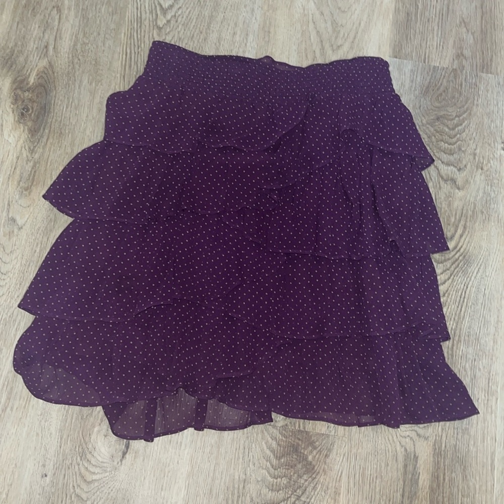 Garnet Hill 100% Silk Burgundy Polka Dot Tiered Elastic Waist Mini Skirt 4